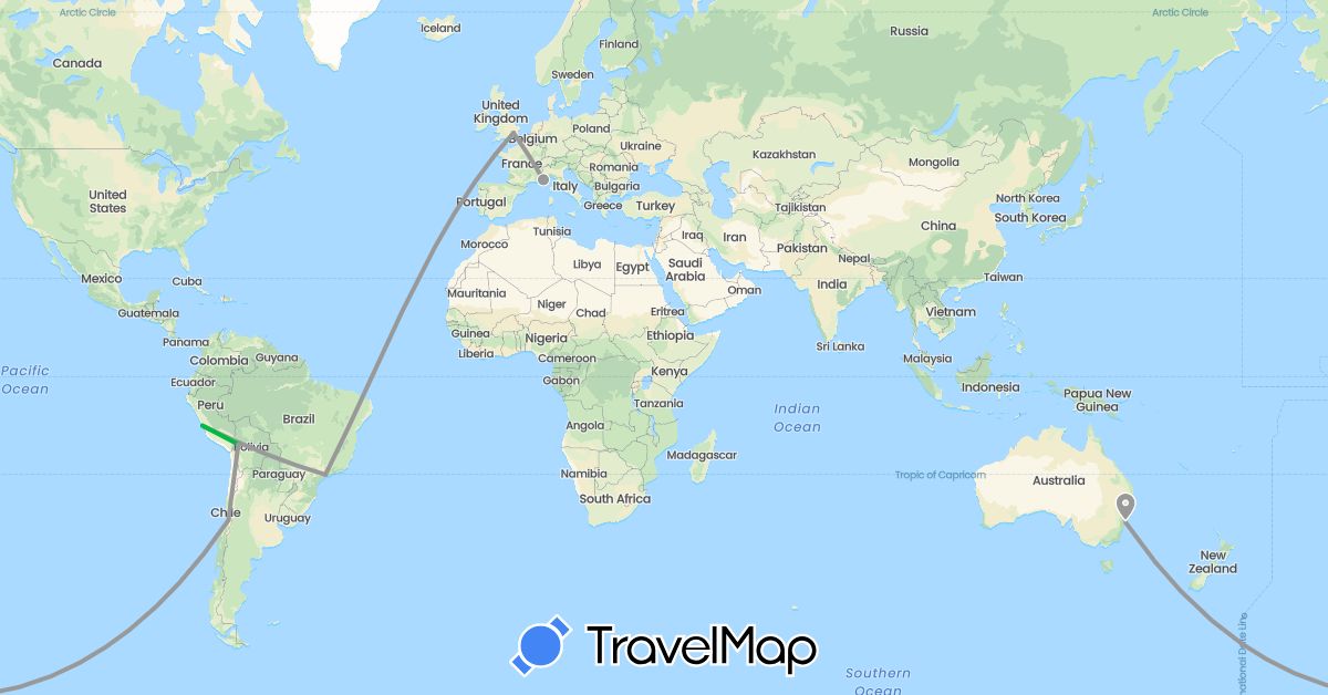 TravelMap itinerary: driving, bus, plane in Australia, Bolivia, Chile, France, Peru (Europe, Oceania, South America)